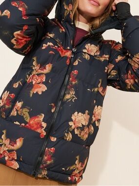 Roxy Alofted Puffy Floral Ski Snow Jacket DryFlight PrimaLoft L Dark Navy